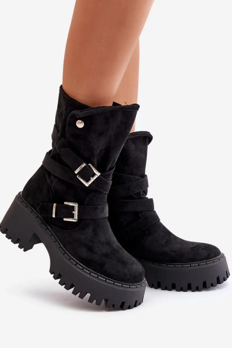 Online Boto Botki Damskie Na Masywnym Obcasie Z Klamrami I Paskiem Czarne Nerelisa Czarny