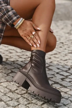 Hot Boto Botki Damskie Na Masywnym Obcasie I Platformie Eko Skórzane Brązowe Elvianne