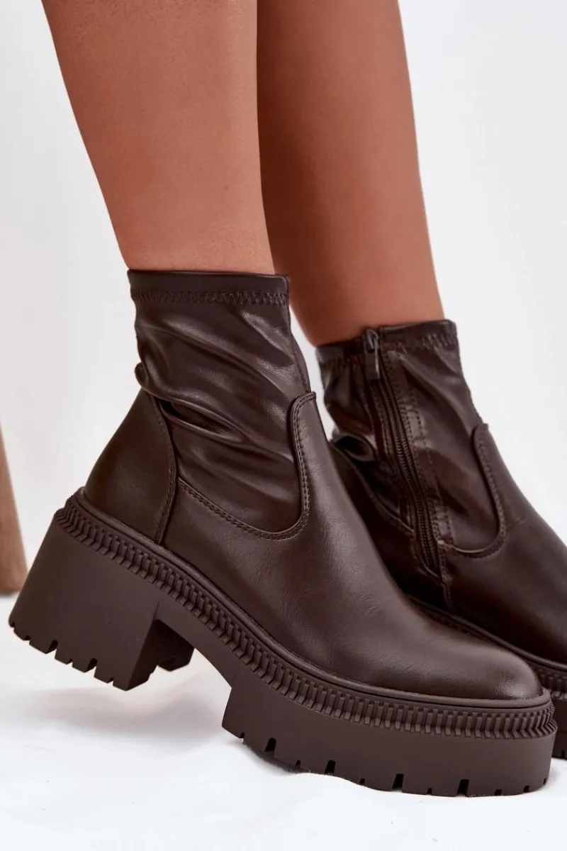 Hot Boto Botki Damskie Na Masywnym Obcasie I Platformie Eko Skórzane Brązowe Elvianne