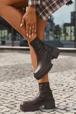 Hot Boto Botki Damskie Na Masywnym Obcasie I Platformie Eko Skórzane Brązowe Elvianne