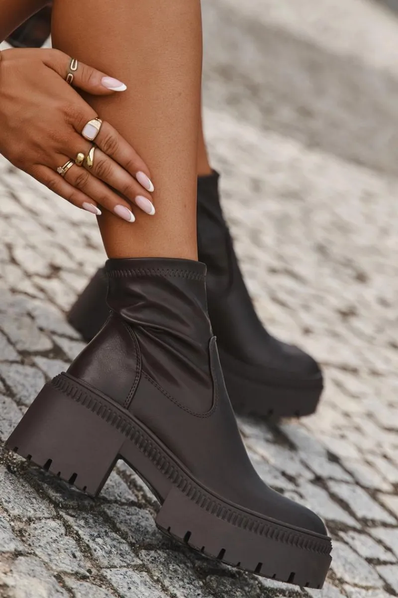 Hot Boto Botki Damskie Na Masywnym Obcasie I Platformie Eko Skórzane Brązowe Elvianne