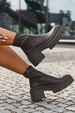 Hot Boto Botki Damskie Na Masywnym Obcasie I Platformie Eko Skórzane Brązowe Elvianne