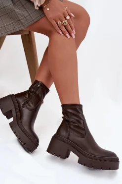 Hot Boto Botki Damskie Na Masywnym Obcasie I Platformie Eko Skórzane Brązowe Elvianne