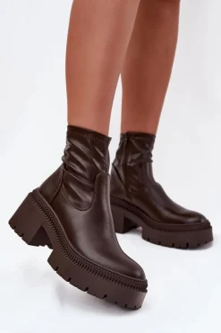 Hot Boto Botki Damskie Na Masywnym Obcasie I Platformie Eko Skórzane Brązowe Elvianne