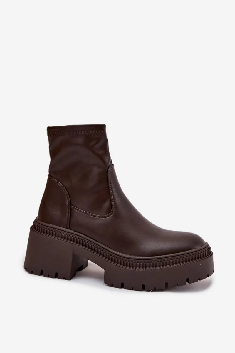 Hot Boto Botki Damskie Na Masywnym Obcasie I Platformie Eko Skórzane Brązowe Elvianne