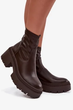 Hot Boto Botki Damskie Na Masywnym Obcasie I Platformie Eko Skórzane Brązowe Elvianne