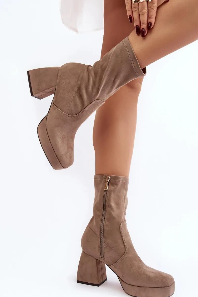 Best Botki Damskie Na Masywnym Obcasie I Platformie Ciemnobeżowe Adelles Damskie Botki Na Słupku|Botki Na Obcasie