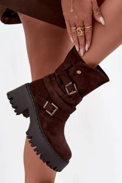 Best Botki Damskie Na Masywnym Obcasie Z Klamrami I Paskiem Czekoladowe Nerelisa Damskie Czarne Botki|Botki Na Obcasie