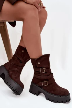 Best Botki Damskie Na Masywnym Obcasie Z Klamrami I Paskiem Czekoladowe Nerelisa Damskie Czarne Botki|Botki Na Obcasie