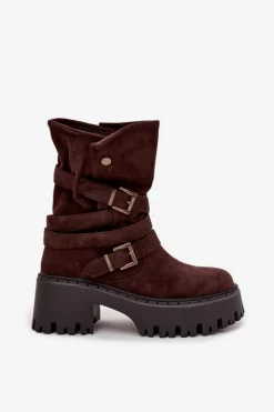 Best Botki Damskie Na Masywnym Obcasie Z Klamrami I Paskiem Czekoladowe Nerelisa Damskie Czarne Botki|Botki Na Obcasie