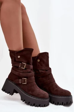 Best Botki Damskie Na Masywnym Obcasie Z Klamrami I Paskiem Czekoladowe Nerelisa Damskie Czarne Botki|Botki Na Obcasie