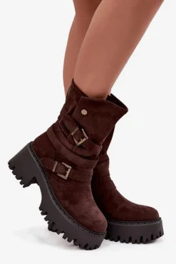 Best Botki Damskie Na Masywnym Obcasie Z Klamrami I Paskiem Czekoladowe Nerelisa Damskie Czarne Botki|Botki Na Obcasie