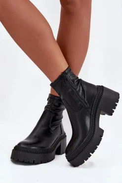 Botki Ocieplane|Czarne Botki>Boto Botki Damskie Na Masywnym Obcasie I Platformie Eko Skórzane Czarne Elvianne