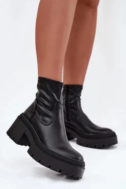 Botki Ocieplane|Czarne Botki>Boto Botki Damskie Na Masywnym Obcasie I Platformie Eko Skórzane Czarne Elvianne