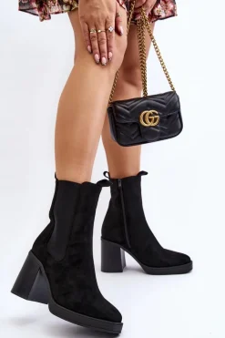 Boto Botki Damskie Na Masywnym Obcasie Zamsz Czarne Piovere