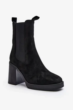 Boto Botki Damskie Na Masywnym Obcasie Zamsz Czarne Piovere
