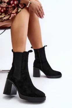 Boto Botki Damskie Na Masywnym Obcasie Zamsz Czarne Piovere