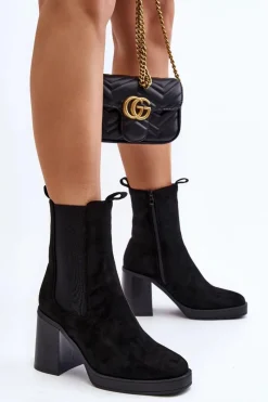 Boto Botki Damskie Na Masywnym Obcasie Zamsz Czarne Piovere