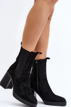 Boto Botki Damskie Na Masywnym Obcasie Zamsz Czarne Piovere