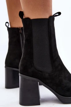 Boto Botki Damskie Na Masywnym Obcasie Zamsz Czarne Piovere