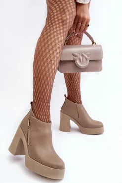 Clearance Botki Damskie Na Masywnym Słupku Z Suwakiem 1755 Beżowe Damskie Botki Ocieplane|Botki Skórzane