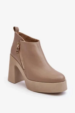 Clearance Botki Damskie Na Masywnym Słupku Z Suwakiem 1755 Beżowe Damskie Botki Ocieplane|Botki Skórzane