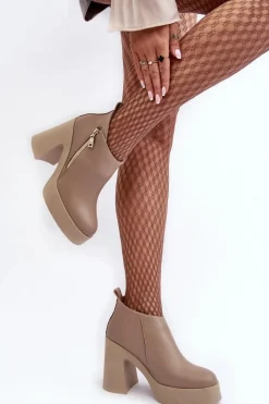 Clearance Botki Damskie Na Masywnym Słupku Z Suwakiem 1755 Beżowe Damskie Botki Ocieplane|Botki Skórzane