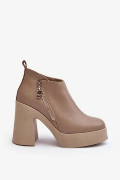 Clearance Botki Damskie Na Masywnym Słupku Z Suwakiem 1755 Beżowe Damskie Botki Ocieplane|Botki Skórzane