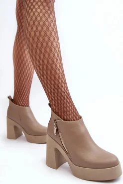 Clearance Botki Damskie Na Masywnym Słupku Z Suwakiem 1755 Beżowe Damskie Botki Ocieplane|Botki Skórzane