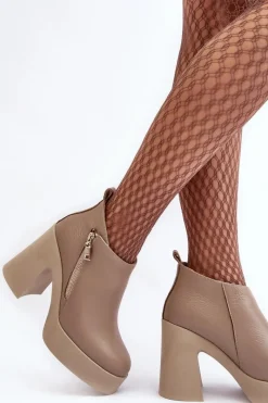 Clearance Botki Damskie Na Masywnym Słupku Z Suwakiem 1755 Beżowe Damskie Botki Ocieplane|Botki Skórzane