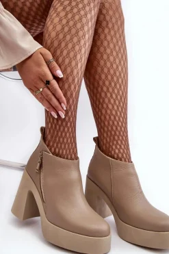 Clearance Botki Damskie Na Masywnym Słupku Z Suwakiem 1755 Beżowe Damskie Botki Ocieplane|Botki Skórzane