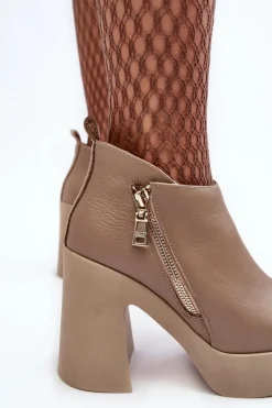 Clearance Botki Damskie Na Masywnym Słupku Z Suwakiem 1755 Beżowe Damskie Botki Ocieplane|Botki Skórzane