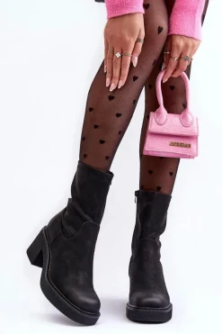 Hot Buty Sergio Leone Botki Damskie Na Masywnym Obcasie Czarne Tozanna Czarny