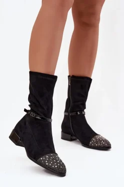 Discount Botki Damskie Na Niskim Obcasie Ze Zdobieniem I Paskiem MR52-165 Czarne Damskie Botki Ocieplane|Botki Na Obcasie