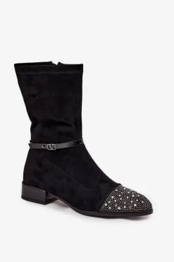 Discount Botki Damskie Na Niskim Obcasie Ze Zdobieniem I Paskiem MR52-165 Czarne Damskie Botki Ocieplane|Botki Na Obcasie