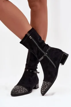 Discount Botki Damskie Na Niskim Obcasie Ze Zdobieniem I Paskiem MR52-165 Czarne Damskie Botki Ocieplane|Botki Na Obcasie
