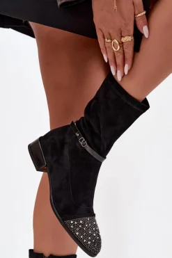 Discount Botki Damskie Na Niskim Obcasie Ze Zdobieniem I Paskiem MR52-165 Czarne Damskie Botki Ocieplane|Botki Na Obcasie