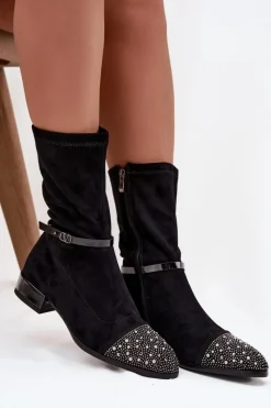 Discount Botki Damskie Na Niskim Obcasie Ze Zdobieniem I Paskiem MR52-165 Czarne Damskie Botki Ocieplane|Botki Na Obcasie