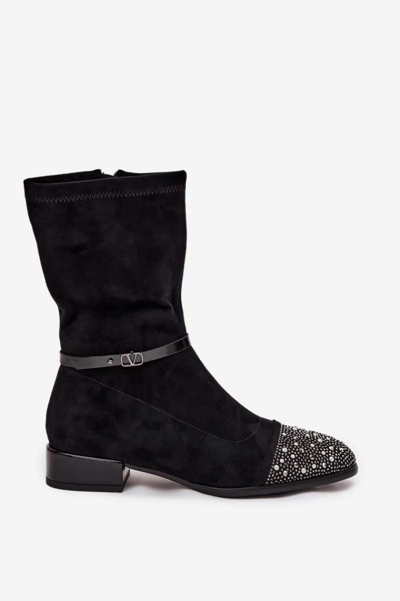 Discount Botki Damskie Na Niskim Obcasie Ze Zdobieniem I Paskiem MR52-165 Czarne Damskie Botki Ocieplane|Botki Na Obcasie