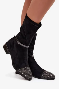 Discount Botki Damskie Na Niskim Obcasie Ze Zdobieniem I Paskiem MR52-165 Czarne Damskie Botki Ocieplane|Botki Na Obcasie