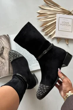 Discount Botki Damskie Na Niskim Obcasie Ze Zdobieniem I Paskiem MR52-165 Czarne Damskie Botki Ocieplane|Botki Na Obcasie