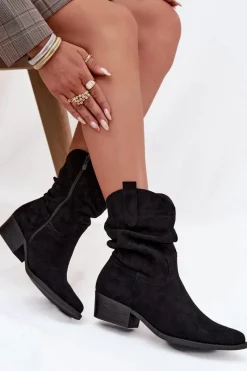 Brązowe I Beżowe Botki|Botki Na Obcasie>Boto Botki Damskie Na Niskim Obcasie Z Marszczeniem Czarne Adena