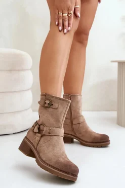 Brązowe I Beżowe Botki|Botki Na Obcasie>Boto Botki Damskie Na Niskim Obcasie Z Klamrami Ciemnobeżowe Zudra Beżowy