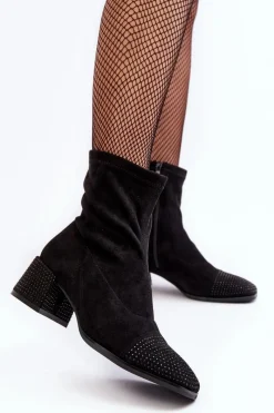 Botki Damskie Na Niskim Obcasie Ze Zdobieniem Czarne Vissias Damskie Botki Na Słupku|Czarne Botki