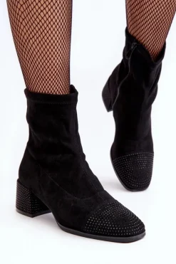 Botki Damskie Na Niskim Obcasie Ze Zdobieniem Czarne Vissias Damskie Botki Na Słupku|Czarne Botki