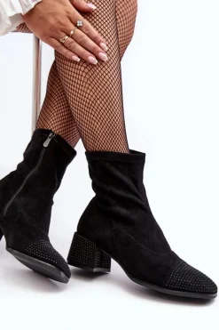 Botki Damskie Na Niskim Obcasie Ze Zdobieniem Czarne Vissias Damskie Botki Na Słupku|Czarne Botki