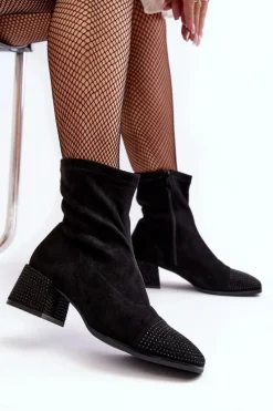 Botki Damskie Na Niskim Obcasie Ze Zdobieniem Czarne Vissias Damskie Botki Na Słupku|Czarne Botki