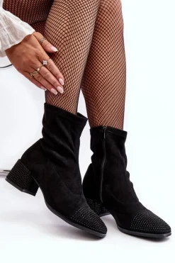 Botki Damskie Na Niskim Obcasie Ze Zdobieniem Czarne Vissias Damskie Botki Na Słupku|Czarne Botki