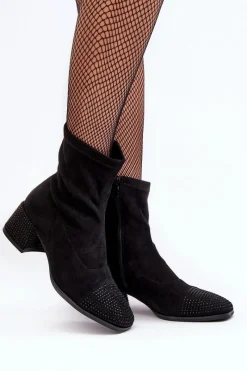 Botki Damskie Na Niskim Obcasie Ze Zdobieniem Czarne Vissias Damskie Botki Na Słupku|Czarne Botki