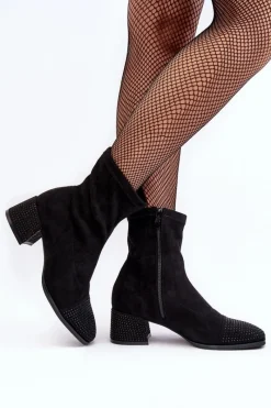 Botki Damskie Na Niskim Obcasie Ze Zdobieniem Czarne Vissias Damskie Botki Na Słupku|Czarne Botki